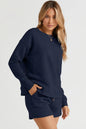 Trendsi Double Take full-size textured long sleeve top and drawstring shorts set, chestnut color, casual loungewear ensemble.