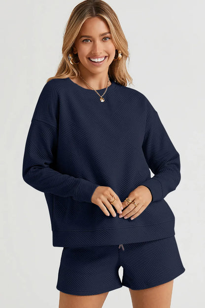 Trendsi Double Take full-size textured long sleeve top and drawstring shorts set, chestnut color, casual loungewear ensemble.