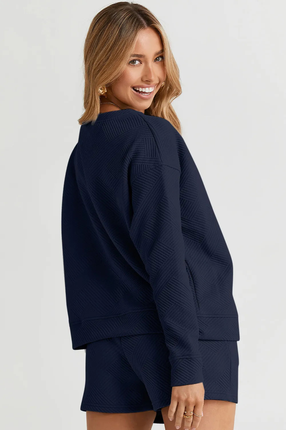 Trendsi chestnut double take full size textured long sleeve top and drawstring shorts set, casual loungewear for women.