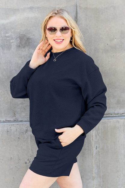 Trendsi Double Take chestnut long sleeve textured top and drawstring shorts set on a model, casual loungewear look.