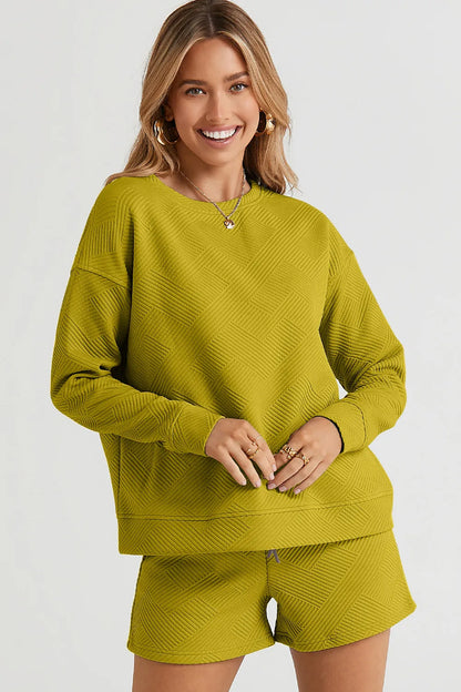 Trendsi double take full size textured long sleeve top and drawstring shorts set, chestnut color, casual loungewear outfit.