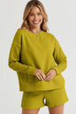 Trendsi double take full size textured long sleeve top and drawstring shorts set, chestnut color, casual loungewear outfit.