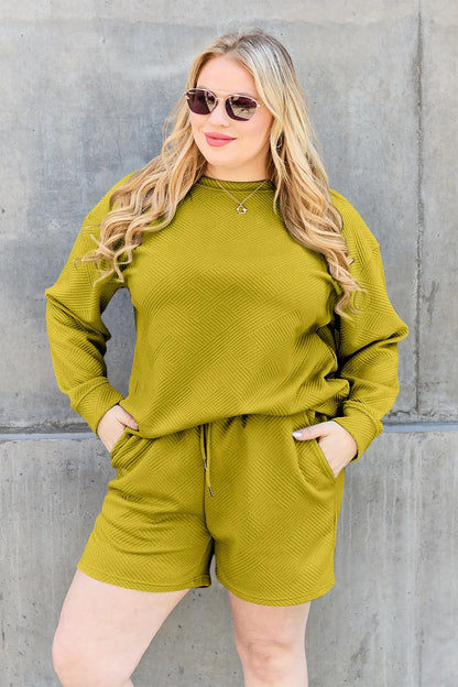 Trendsi Double Take chestnut long sleeve textured top with matching drawstring shorts set, casual and comfortable for everyday wear.