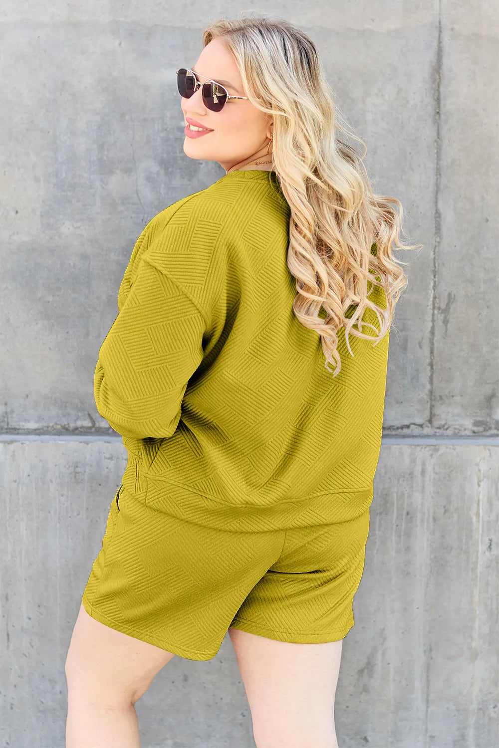 Trendsi Double Take full-size textured long sleeve top and drawstring shorts set, chestnut color, casual loungewear ensemble.