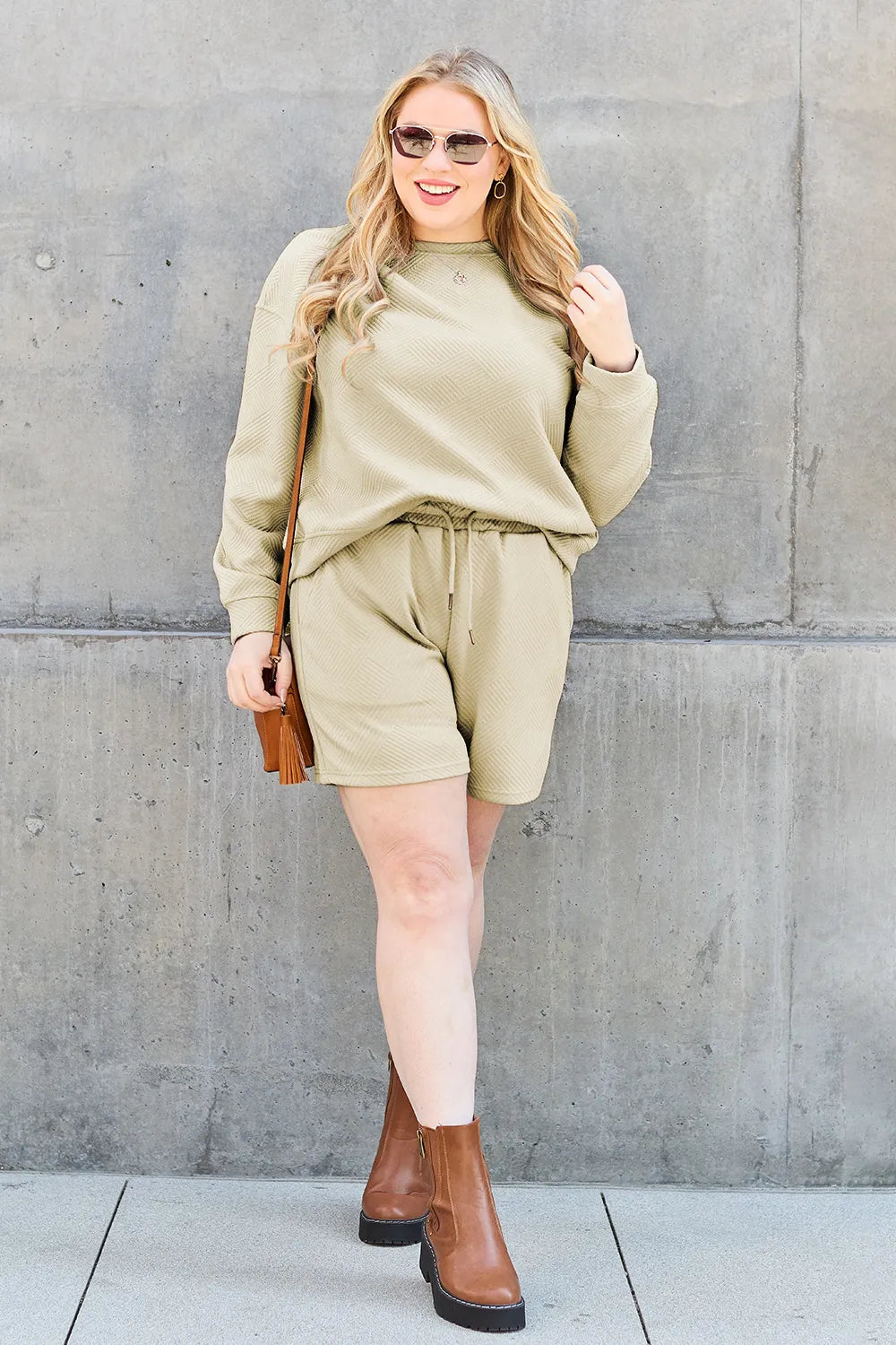 Trendsi Double Take full-size textured long sleeve top with matching drawstring shorts set, chestnut color, casual loungewear.