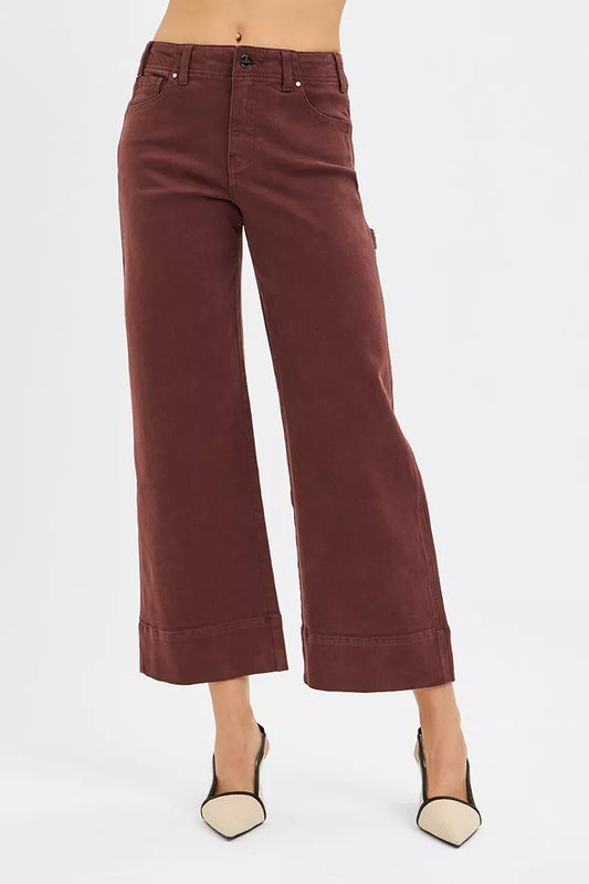 Choco brown Risen high-rise crop wide-leg pants with tummy control and no waist band, featuring a sleek, fitted design.