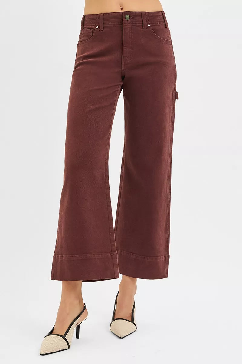 Choco brown Risen Tummy Control high-rise crop wide-leg pants with no waistband, designed for a comfortable, flattering fit.