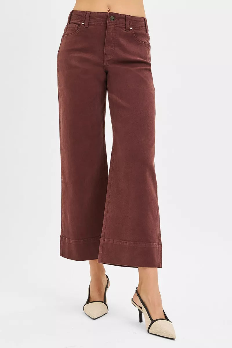 Choco brown RISEN high-rise crop wide-leg pants with tummy control and no waist band, from Trendsi, styled for a chic look.