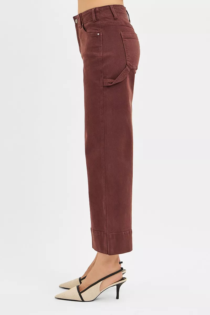 Choco brown Risen high-rise crop wide-leg pants with tummy control and no waist band, from Trendsi.