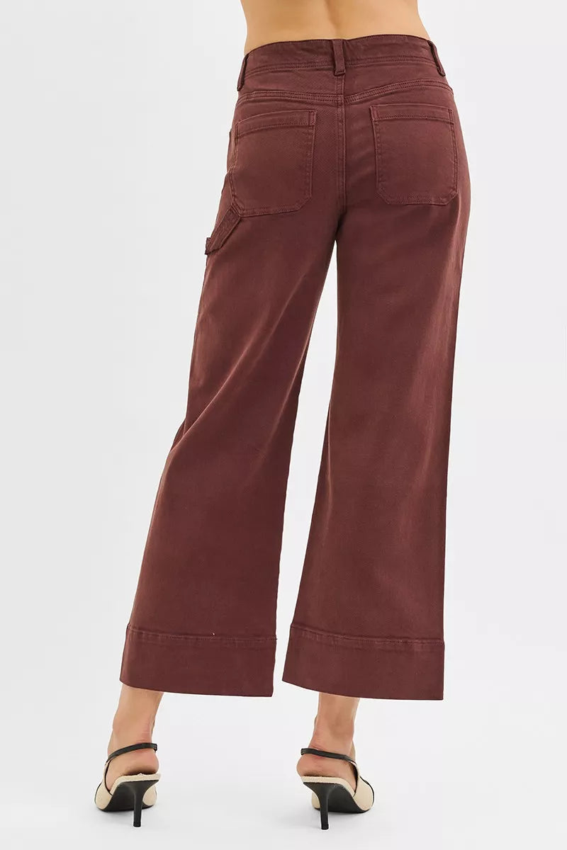 Choco brown RISEN high-rise crop pants with tummy control and wide no waist band, made by Trendsi, stylish and comfortable.