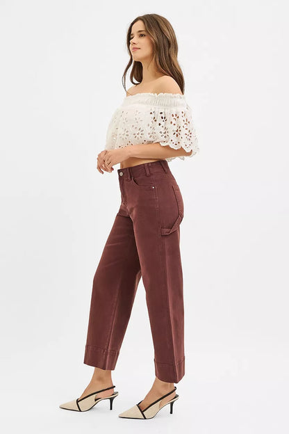Choco brown Risen high-rise crop wide-leg pants with tummy control, no waistband, by Trendsi, styled for comfort and shape.