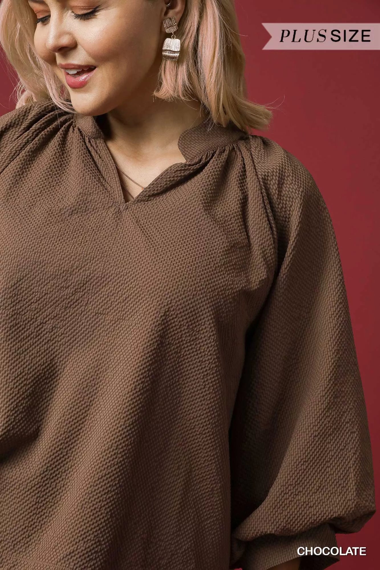 Full size textured chocolate balloon sleeve blouse with notched details by Umgee, featuring stylish plus size fit and textured fabric.