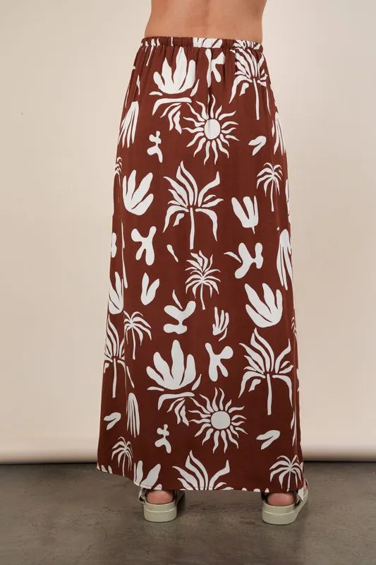 Chocolate brown printed resort midi skirt from Very J by Trendsi, featuring a flowy fabric and stylish design.