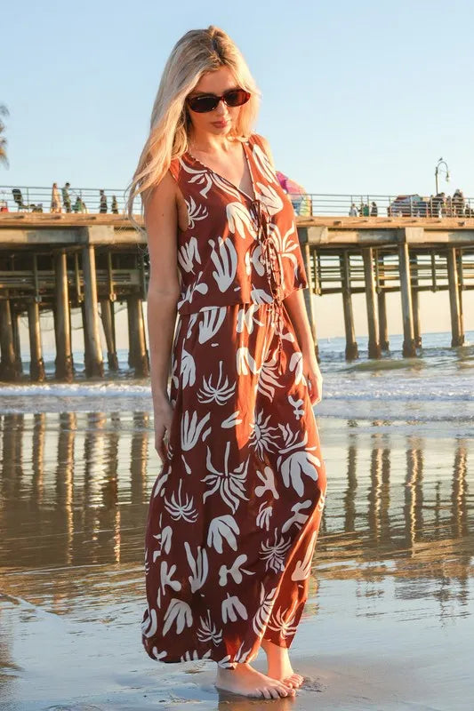 Chocolate-colored Very J printed resort midi skirt with a flowy silhouette and vibrant floral pattern, from Trendsi.