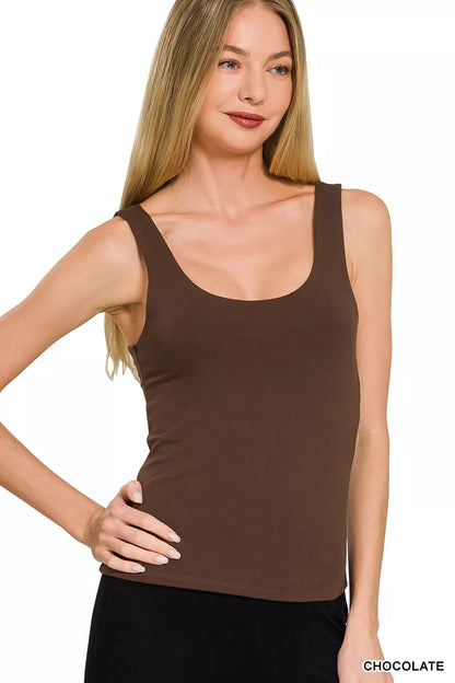 Chocolate Zenana double layered double scoop tank top with adjustable straps, displayed on a hanger.