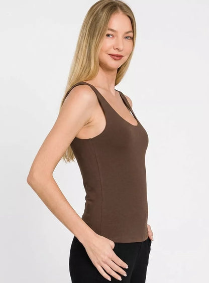 Chocolate Zenana double layered double scoop tank top, showcasing its layered design and sleeveless style.
