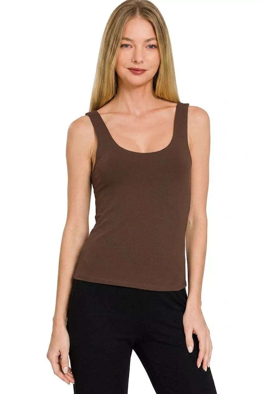 Chocolate Zenana double layered double scoop tank top with sleeveless design, featuring a stylish layered look.