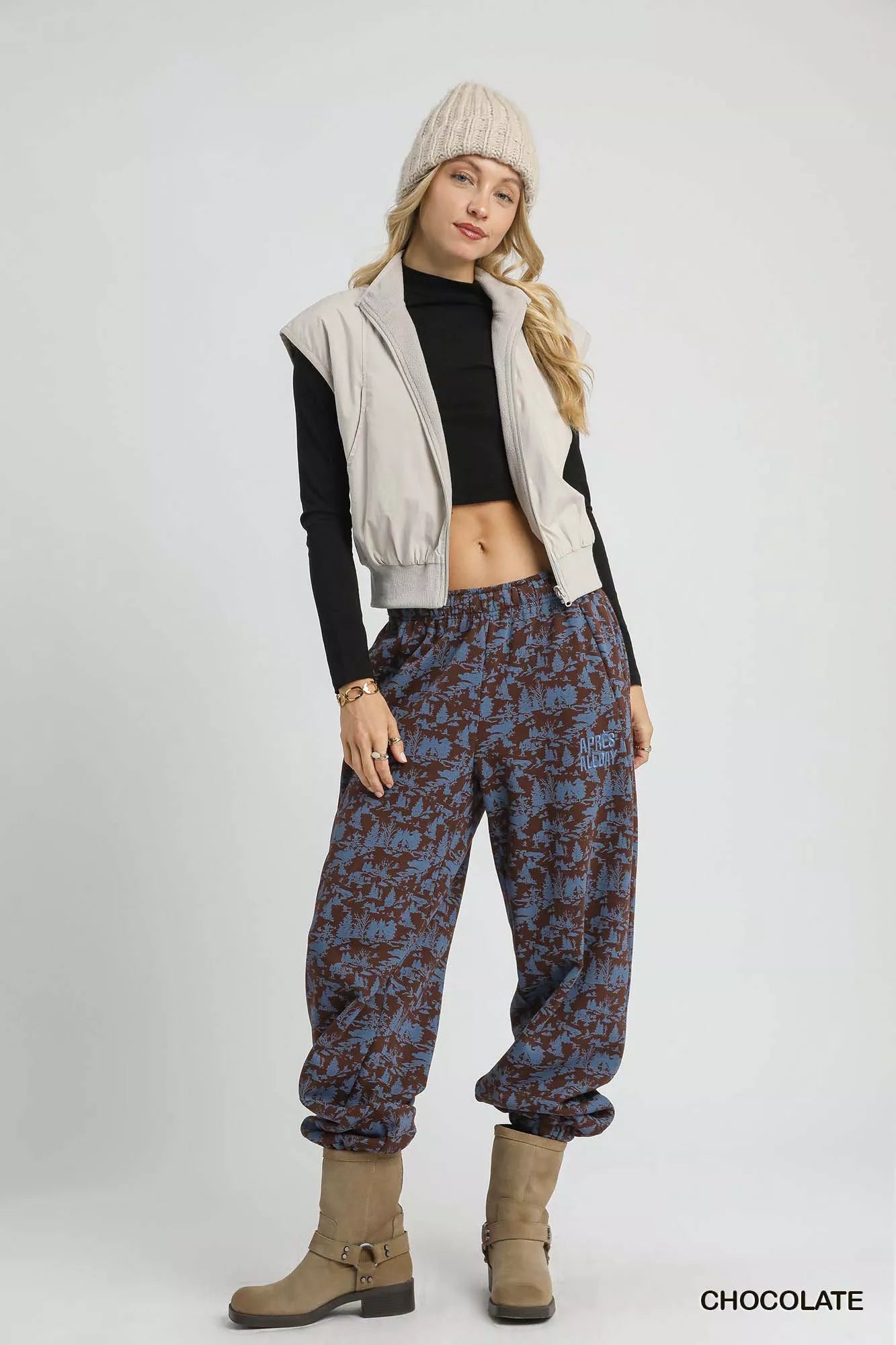 Chocolate casual sweatpants with scenic print from Umgee, styled for a comfortable, relaxed look.