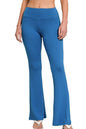 Zenana buttery soft flare leg high waist yoga pants in classic blue, made by Trendsi, shown on a model.