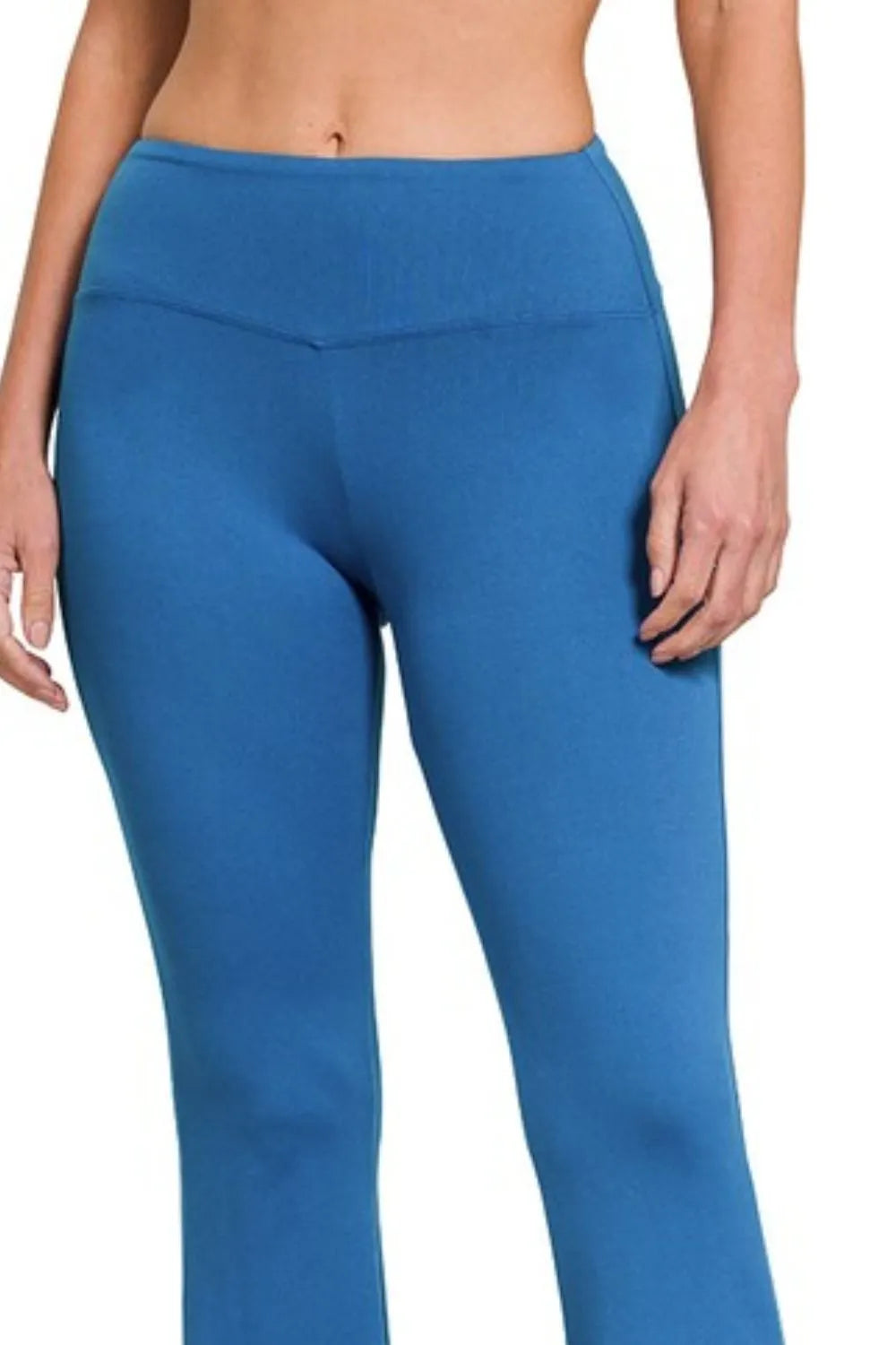 Zenana buttery soft flare leg high waist yoga pants in classic blue, featuring comfortable, stretchy fabric for active wear.