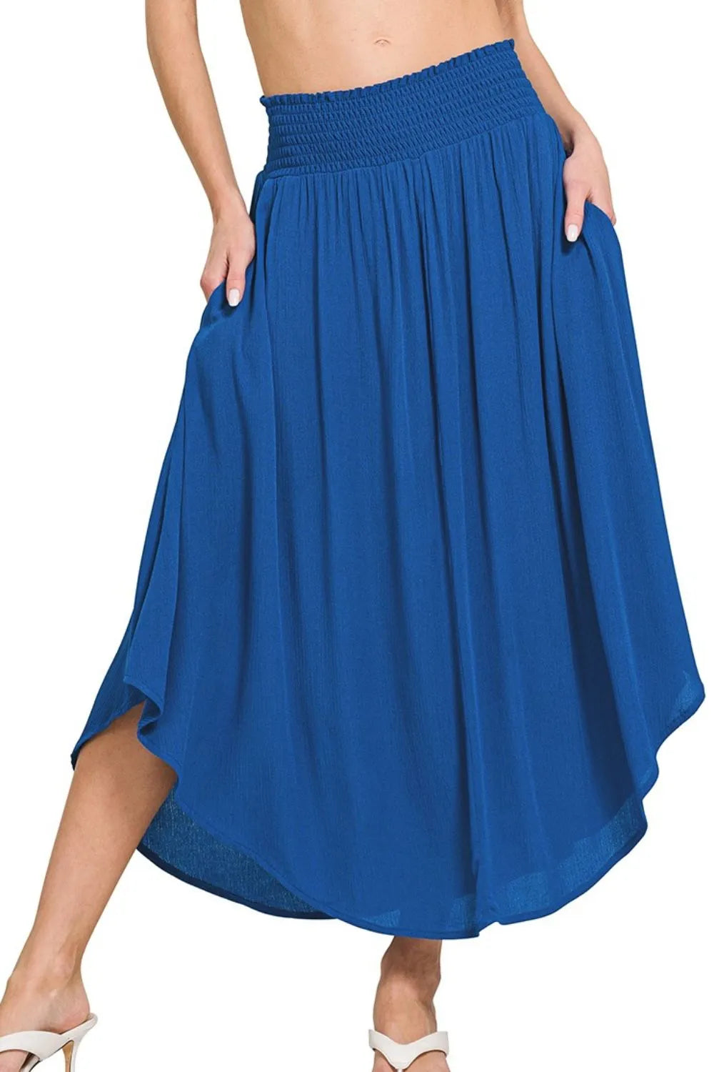 Classic blue Zenana woven crinkle maxi skirt with smocked waist and pockets, featuring a flowing, comfortable design.