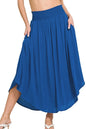 Classic blue Zenana woven crinkle maxi skirt with smocked waist and pockets, featuring a flowing, comfortable design.