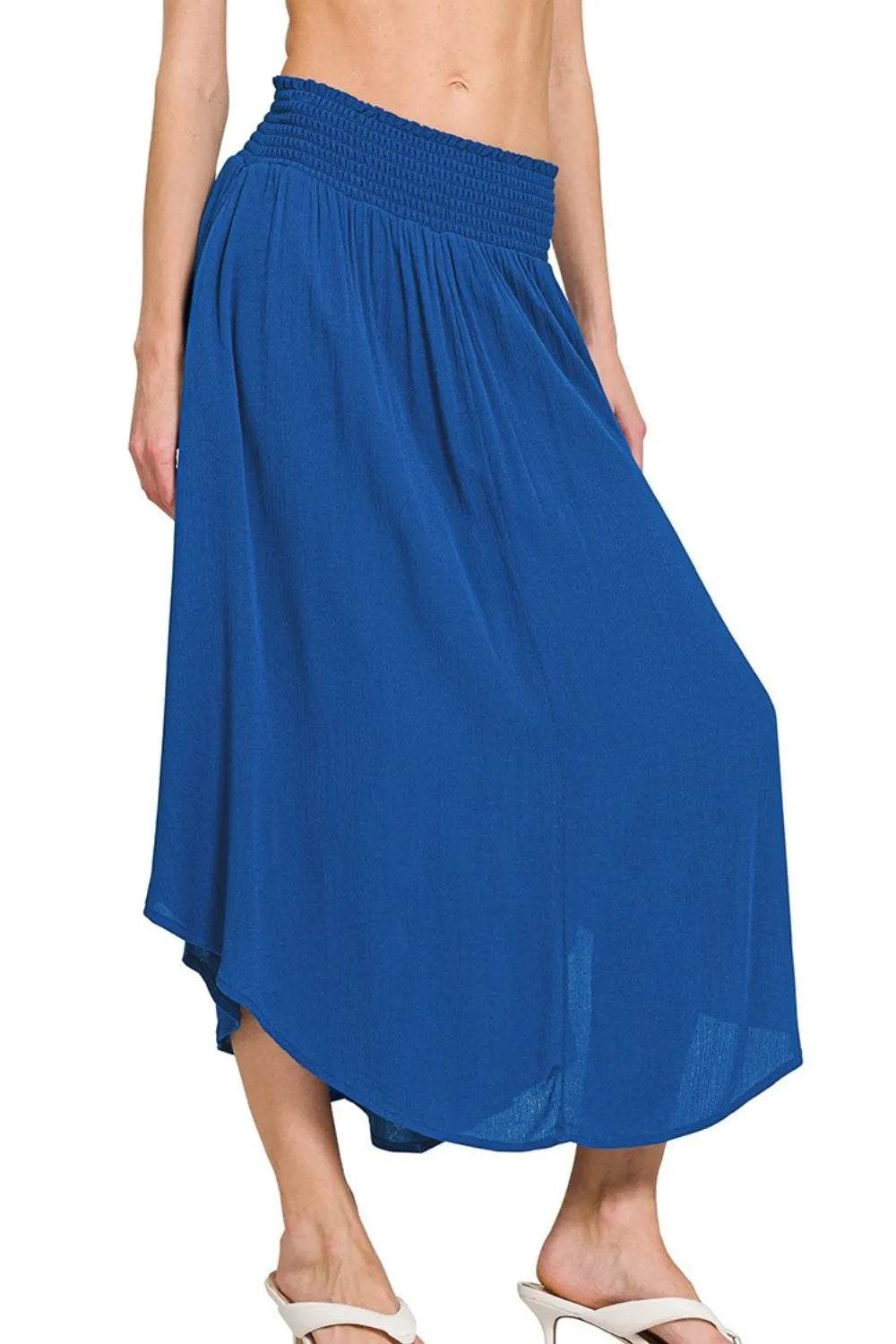 Classic blue Zenana woven crinkle maxi skirt with smocked waist and pockets, featuring a flowing silhouette and casual style.
