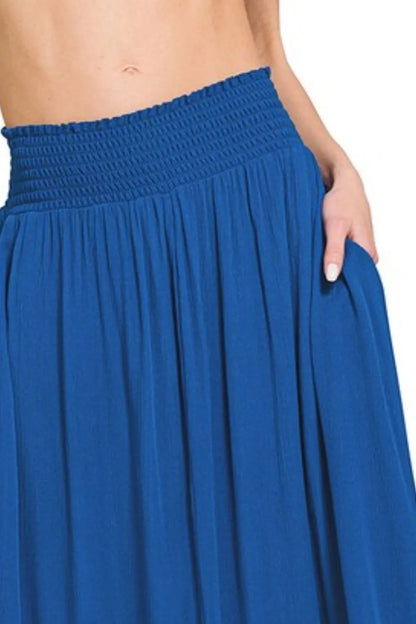 Classic blue Zenana woven crinkle maxi skirt with smocked waist and pockets, perfect for casual or dressy outfits.