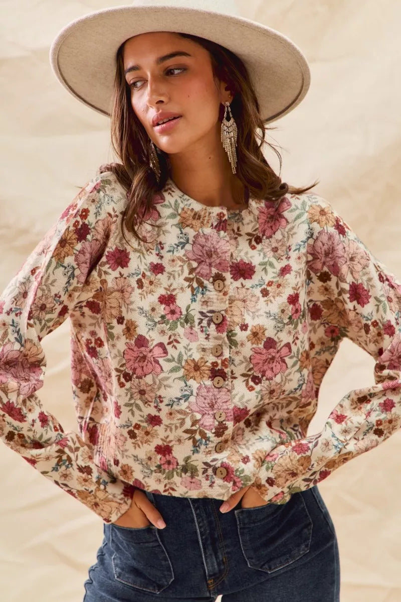 Trendsi SO ME floral print button front sweater cardigan in clay rose, featuring a cozy knit with colorful floral patterns.
