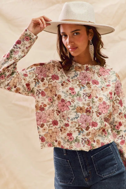 Trendsi SO ME floral print button-front sweater cardigan in clay rose, showcasing a cozy knit with vibrant floral pattern.