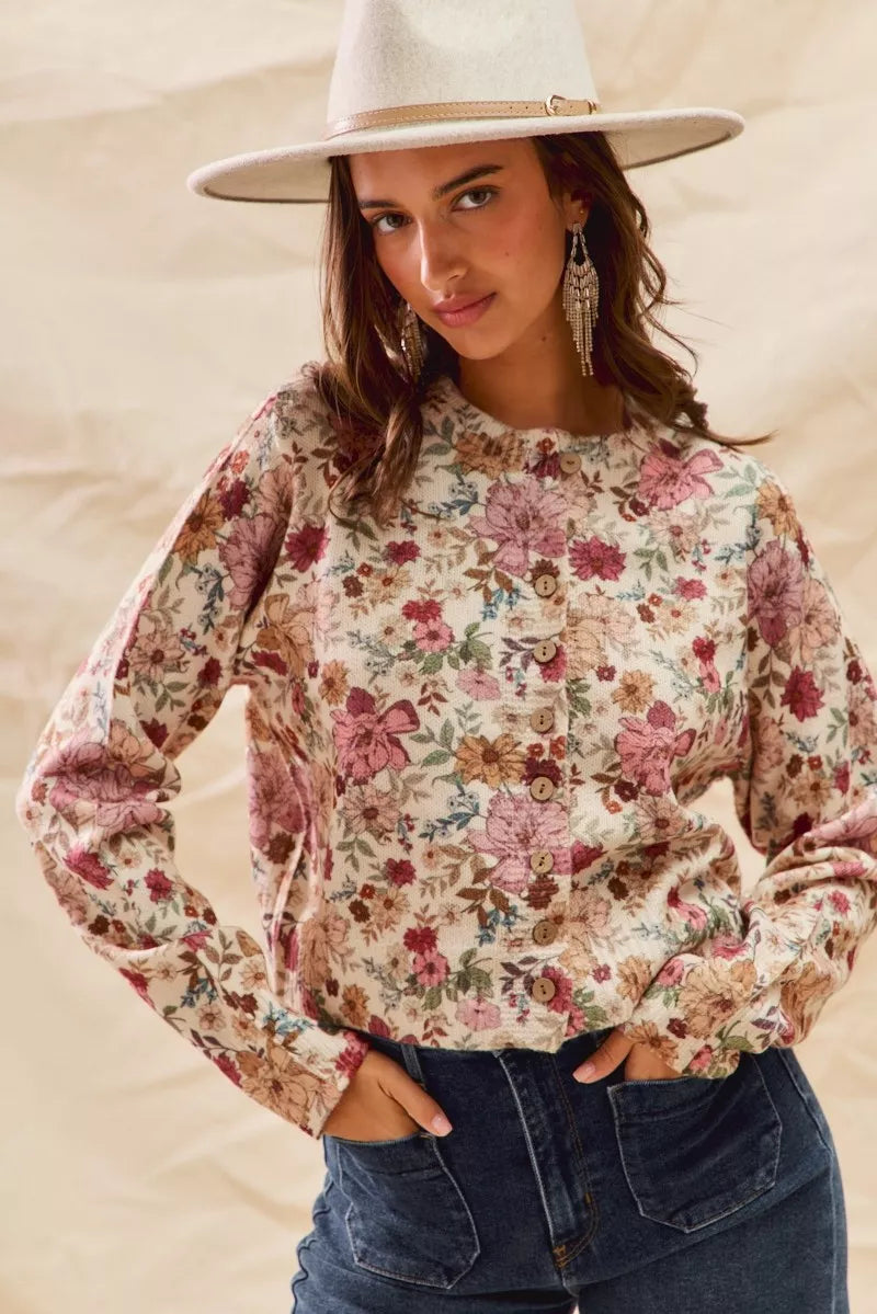 Trendsi SO ME floral print button-front sweater cardigan in clay rose, featuring a cozy knit with vibrant floral pattern.