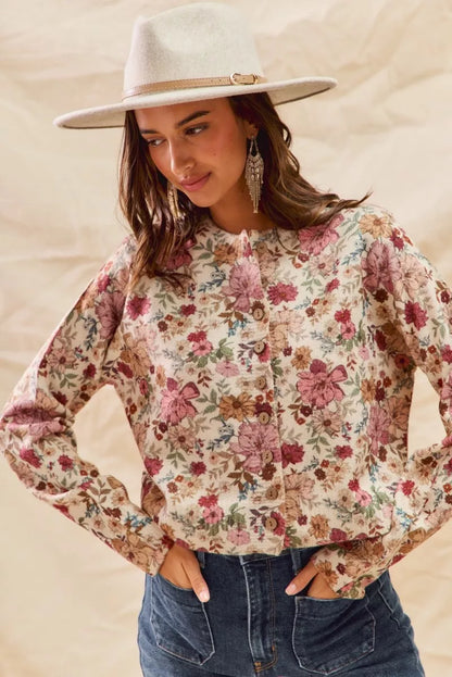 Trendsi SO ME floral print button front sweater cardigan in clay rose, featuring a cozy knit with vibrant floral design.