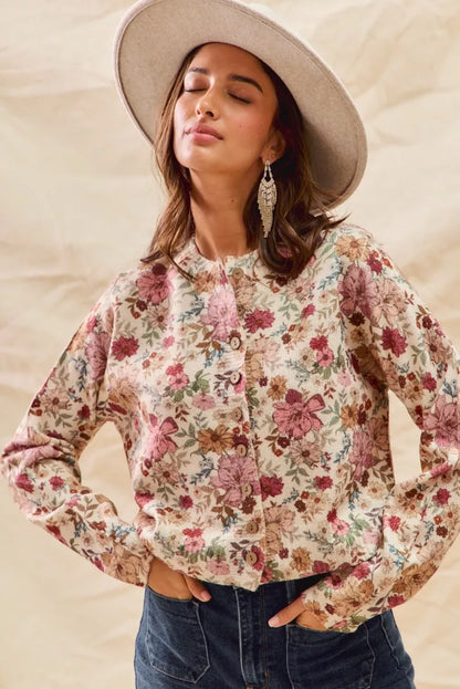 Trendsi SO ME floral print button-front sweater cardigan in clay rose with a cozy, lightweight knit and feminine floral pattern.