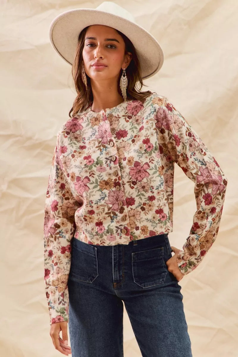 Trendsi SO ME floral print button front sweater cardigan in soft clay rose, featuring a cozy knit design and front button closure.