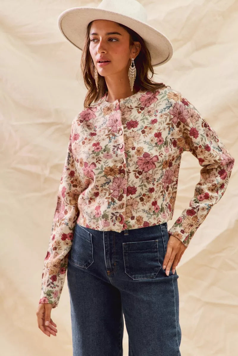 Trendsi SO ME floral print button front sweater cardigan in clay rose color, with a cozy knit and vibrant floral pattern.