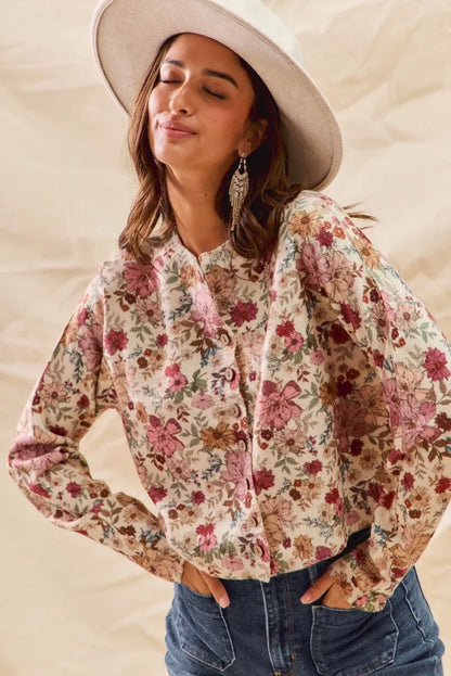 Trendsi SO ME floral print button-front sweater cardigan in clay rose, featuring a cozy knit with vibrant floral pattern.