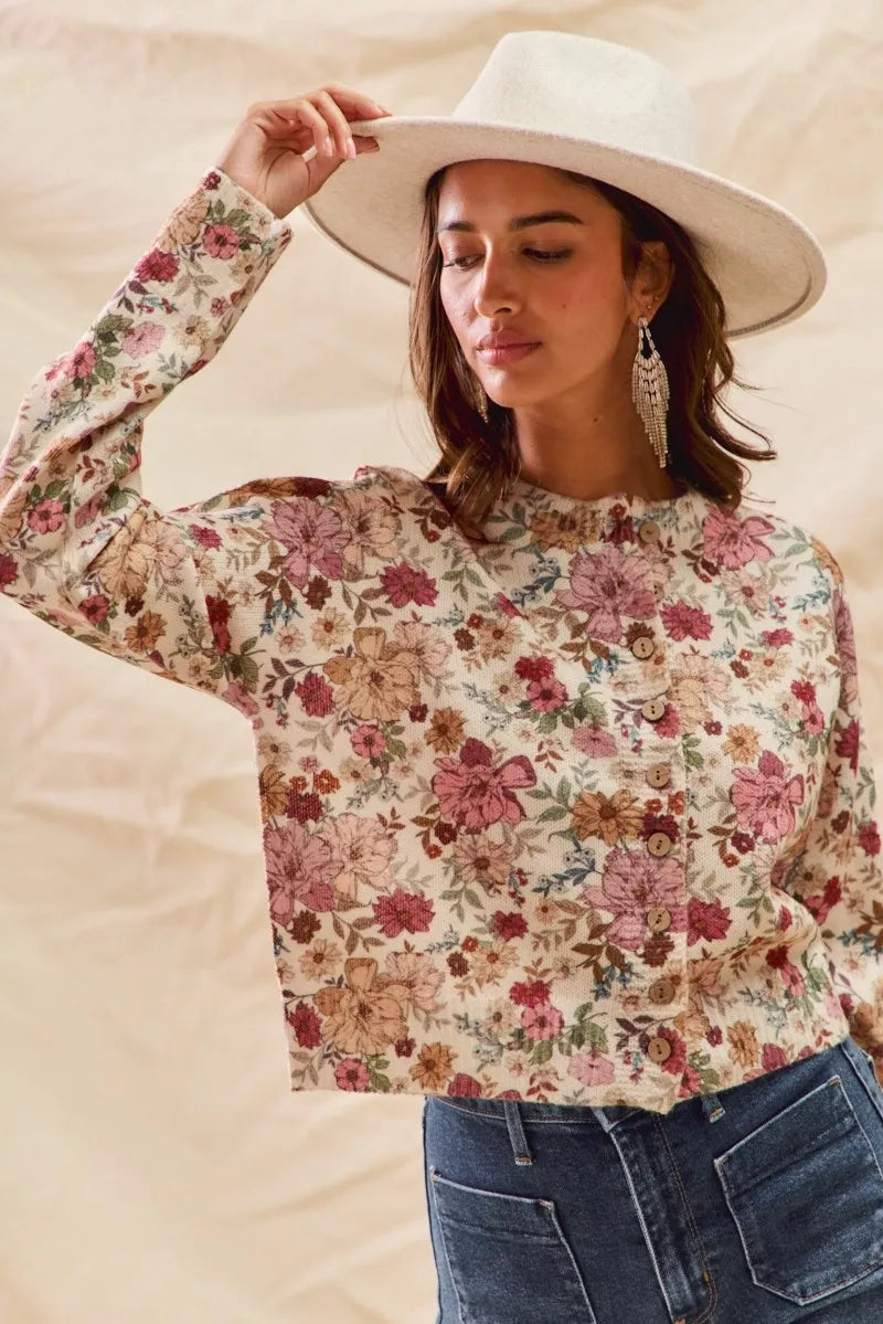 Trendsi SO ME floral print button-front sweater cardigan in clay rose with vibrant flower design and cozy knit texture.