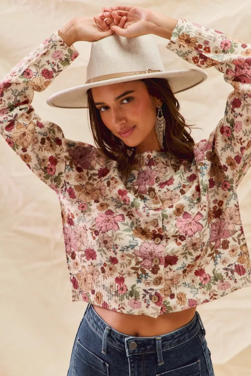 Trendsi SO ME floral print button-front sweater cardigan in soft clay rose color, showing the floral design and cozy fit.