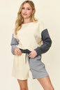 Cloudy blue double take full-size contrast drop shoulder top and shorts set by Trendsi, casual and stylish summer outfit.