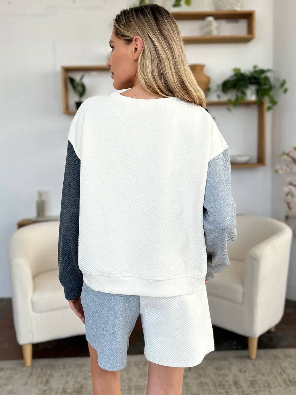 Cloudy blue double take full-size contrast drop shoulder top and shorts set by Trendsi, casual and stylish for warm weather.