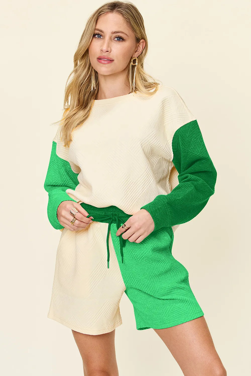 Cloudy blue double take full-size contrast drop shoulder top and shorts set by Trendsi, casual and stylish for warm weather.