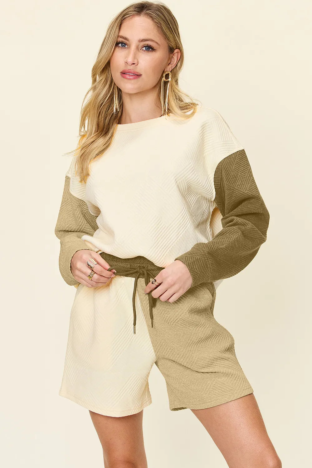Cloudy blue double take full-size contrast drop shoulder top and shorts set by Trendsi, featuring relaxed fit and casual style.
