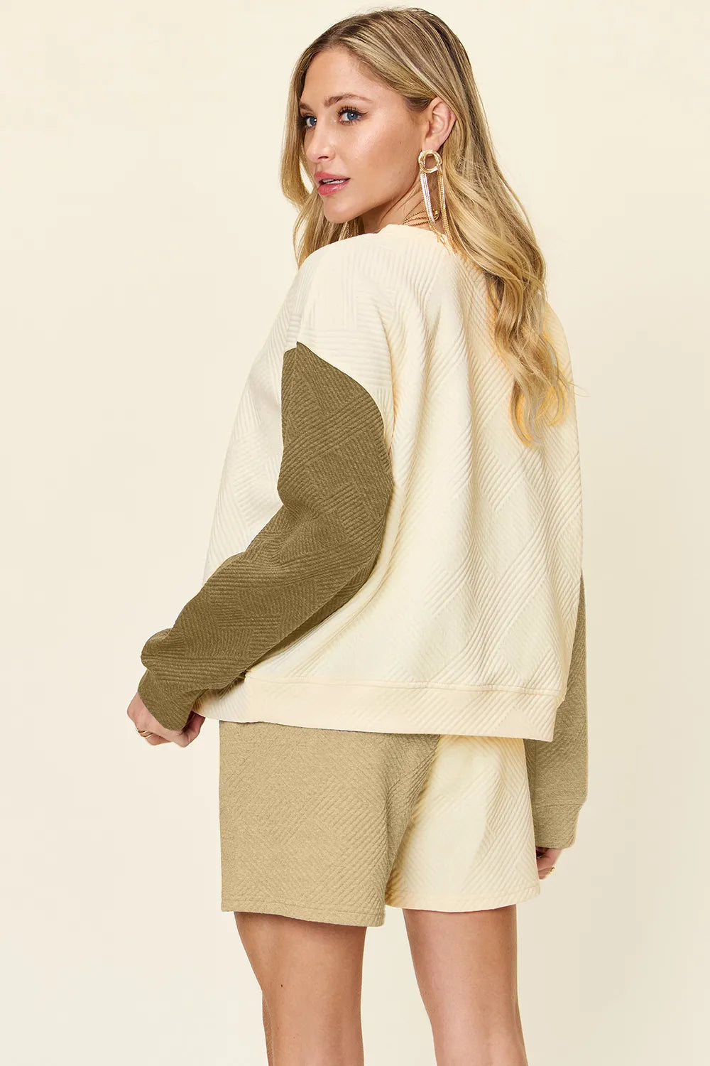 Cloudy blue double take full size contrast drop shoulder top and shorts set by Trendsi, casual stylish loungewear ensemble.