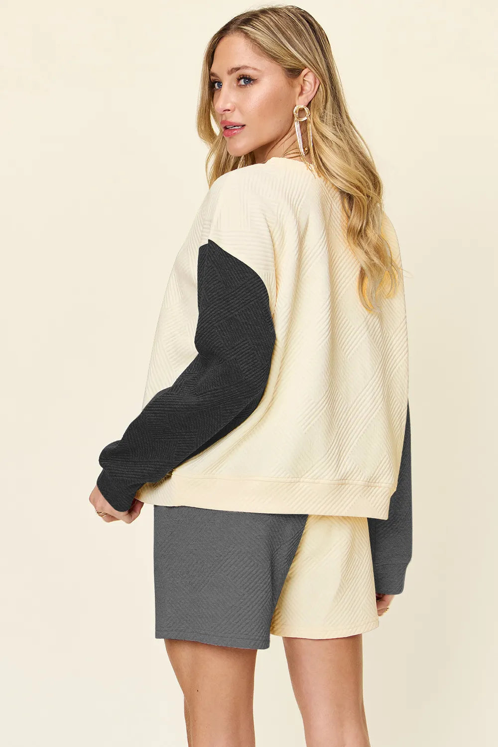 Cloudy blue double take full-size contrast drop shoulder top and shorts set by Trendsi, featuring relaxed fit and casual style.