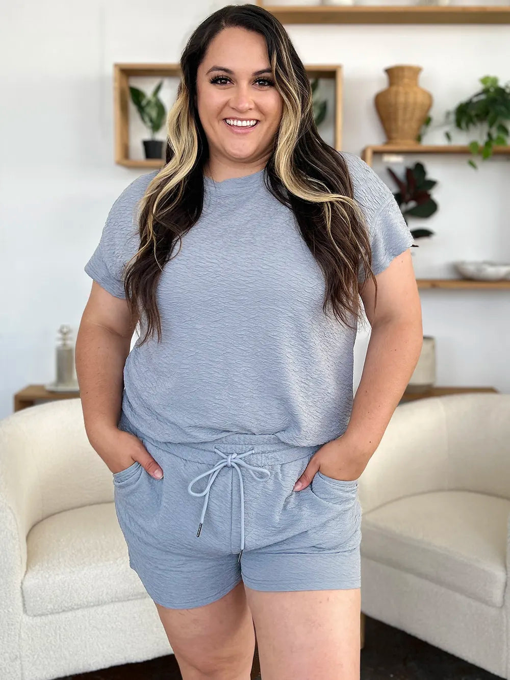 Trendsi double take full-size textured short sleeve T-shirt and drawstring shorts set in cloudy blue, casual and comfortable.