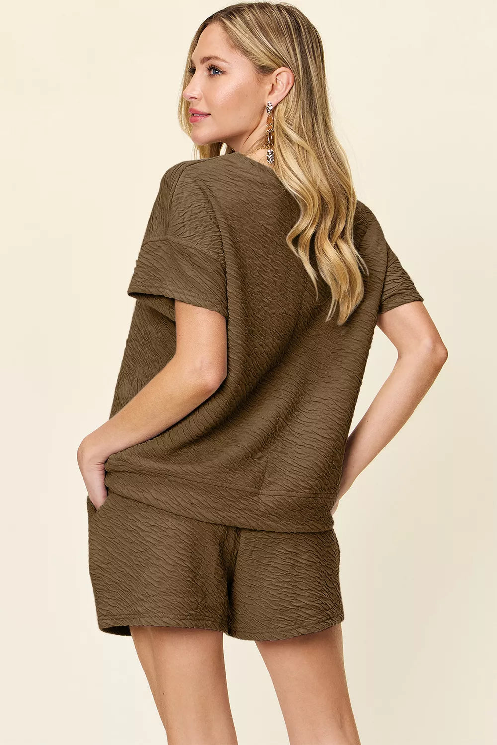 Trendsi Double Take full-size texture short sleeve T-shirt and drawstring shorts set in cloudy blue, casual and comfortable.