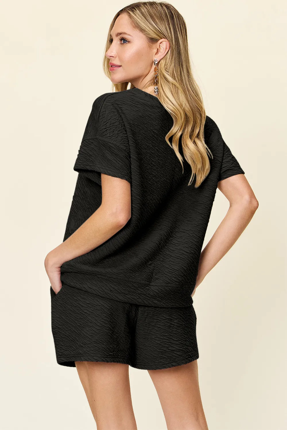 Trendsi Double Take blue short sleeve T-shirt and drawstring shorts set, full size, textured fabric, casual summer outfit.
