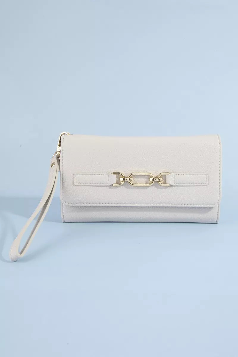 Fame vegan leather wristlet wallet with chain buckle, compact design, black color, and silver hardware for versatile style.