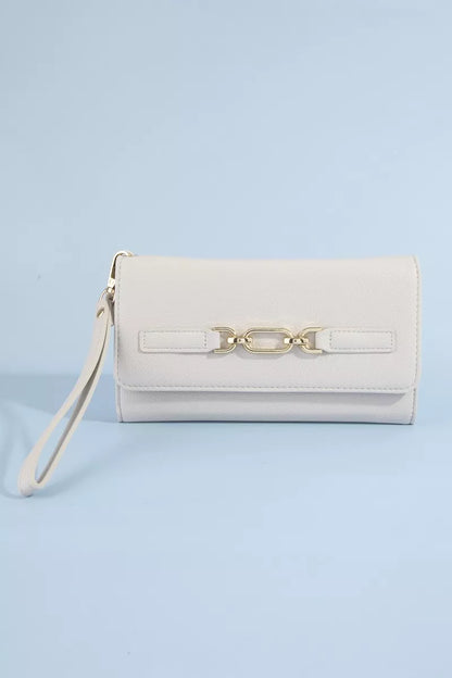 Fame vegan leather wristlet wallet with chain buckle, compact design, black color, and silver hardware for versatile style.