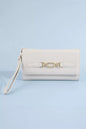 Fame vegan leather wristlet wallet with chain buckle, compact design, black color, and silver hardware for versatile style.